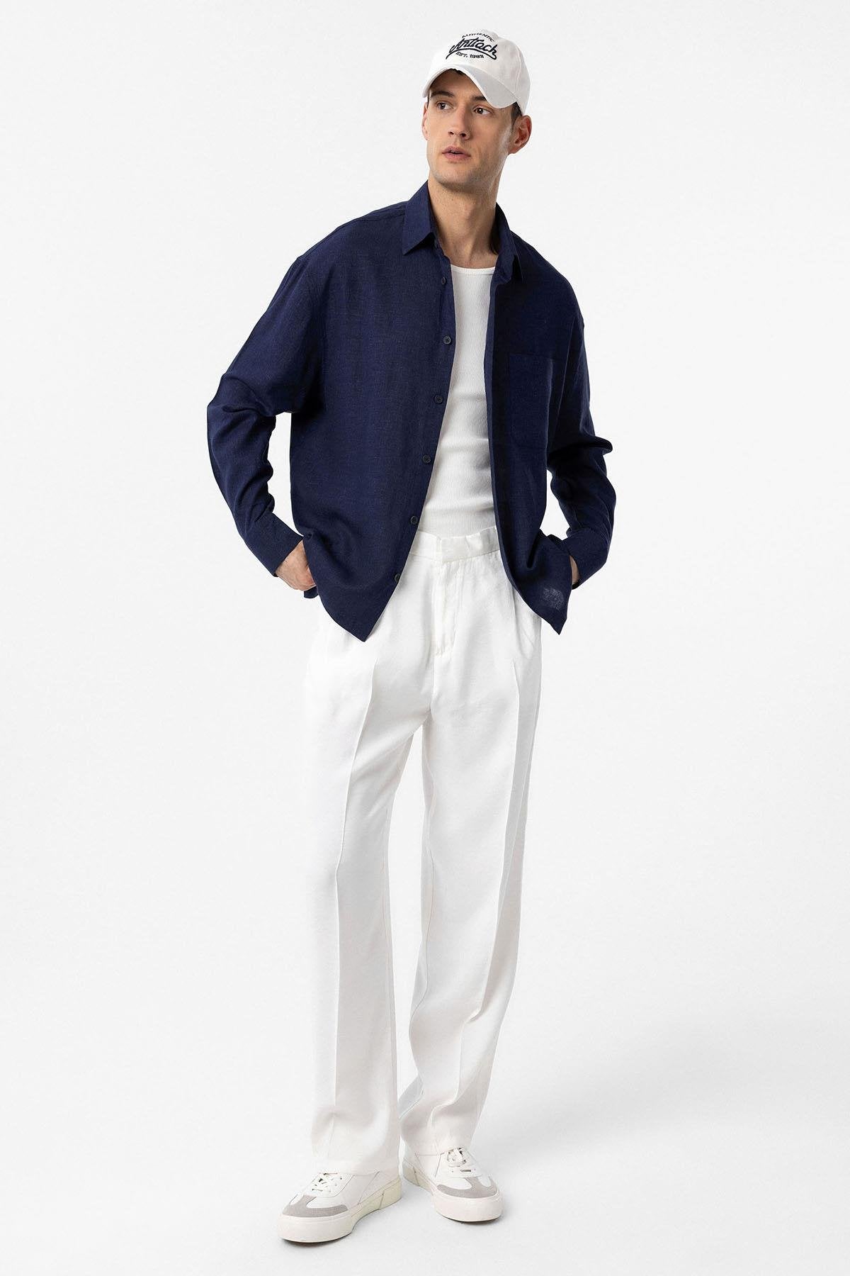 Antioch-Lacivert Keten Karışımlı Relax Fit Erkek Gömlek-Gömlek-2-Milagron.com