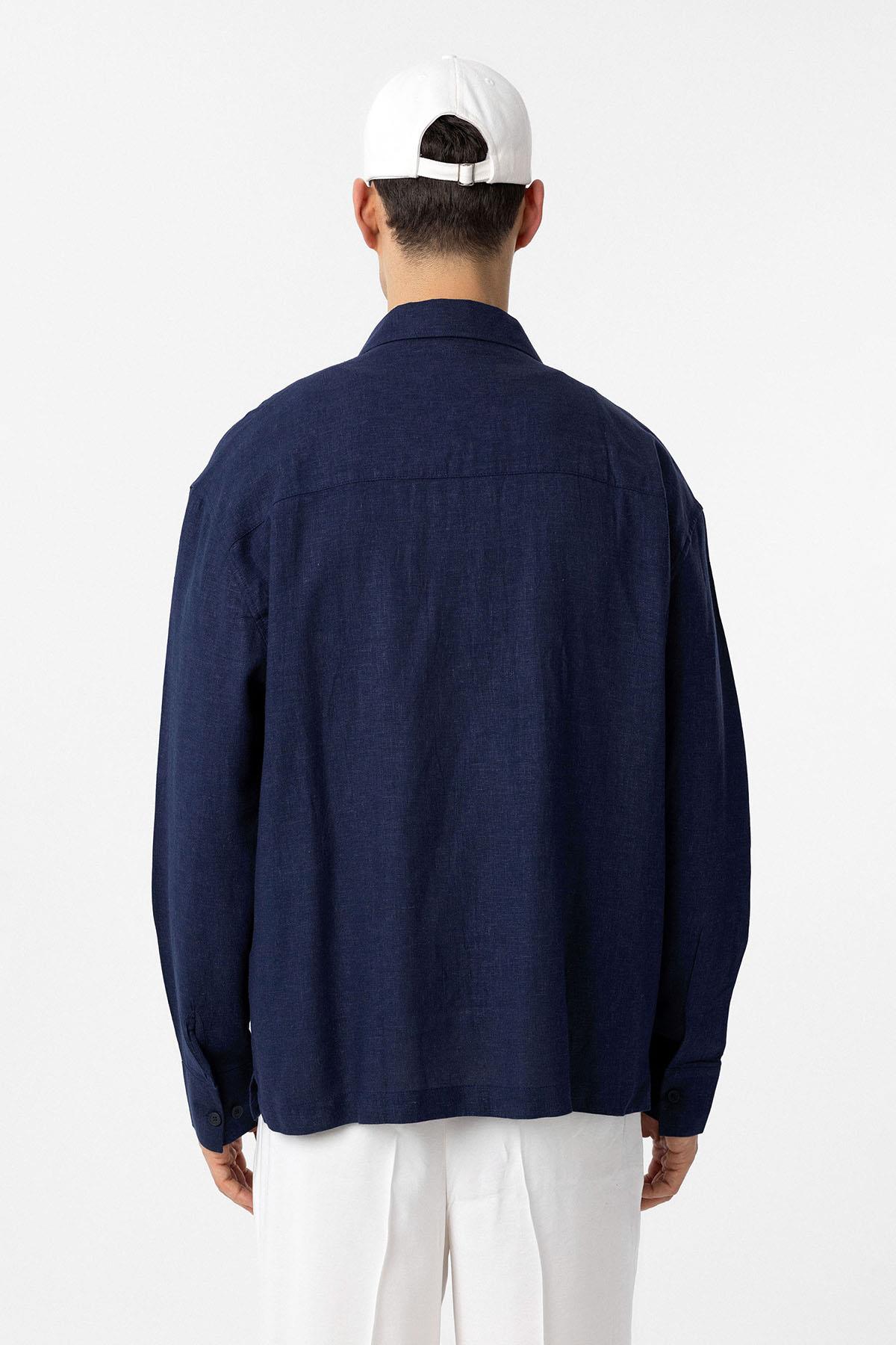 Antioch-Lacivert Keten Karışımlı Relax Fit Erkek Gömlek-Gömlek-5-Milagron.com