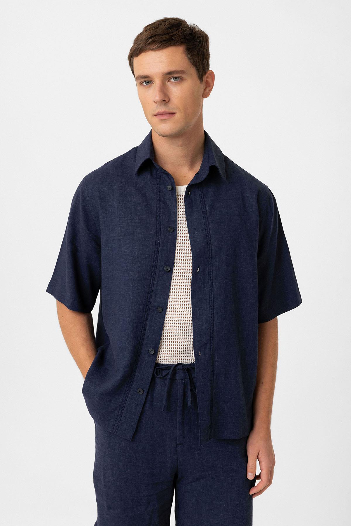 Antioch-Lacivert Keten Karışımlı Relaxed Erkek Gömlek-Gömlek-1-Milagron.com