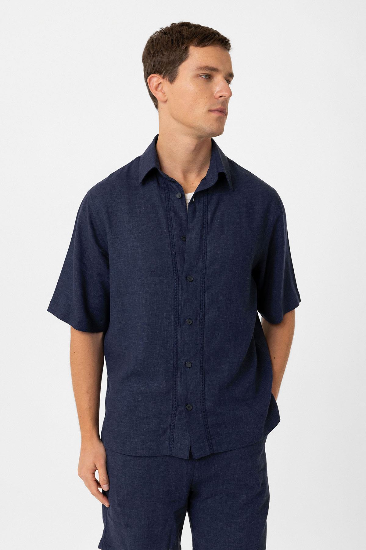 Antioch-Lacivert Keten Karışımlı Relaxed Erkek Gömlek-Gömlek-2-Milagron.com