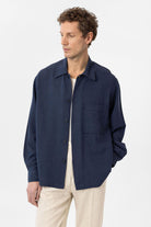 Antioch-Lacivert Keten Karışımlı Relaxed Erkek Gömlek-Gömlek-3-Milagron.com