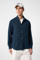 Antioch-Lacivert Keten Karışımlı Yaka Düğmeli Erkek Gömlek-Gömlek-1-Milagron.com