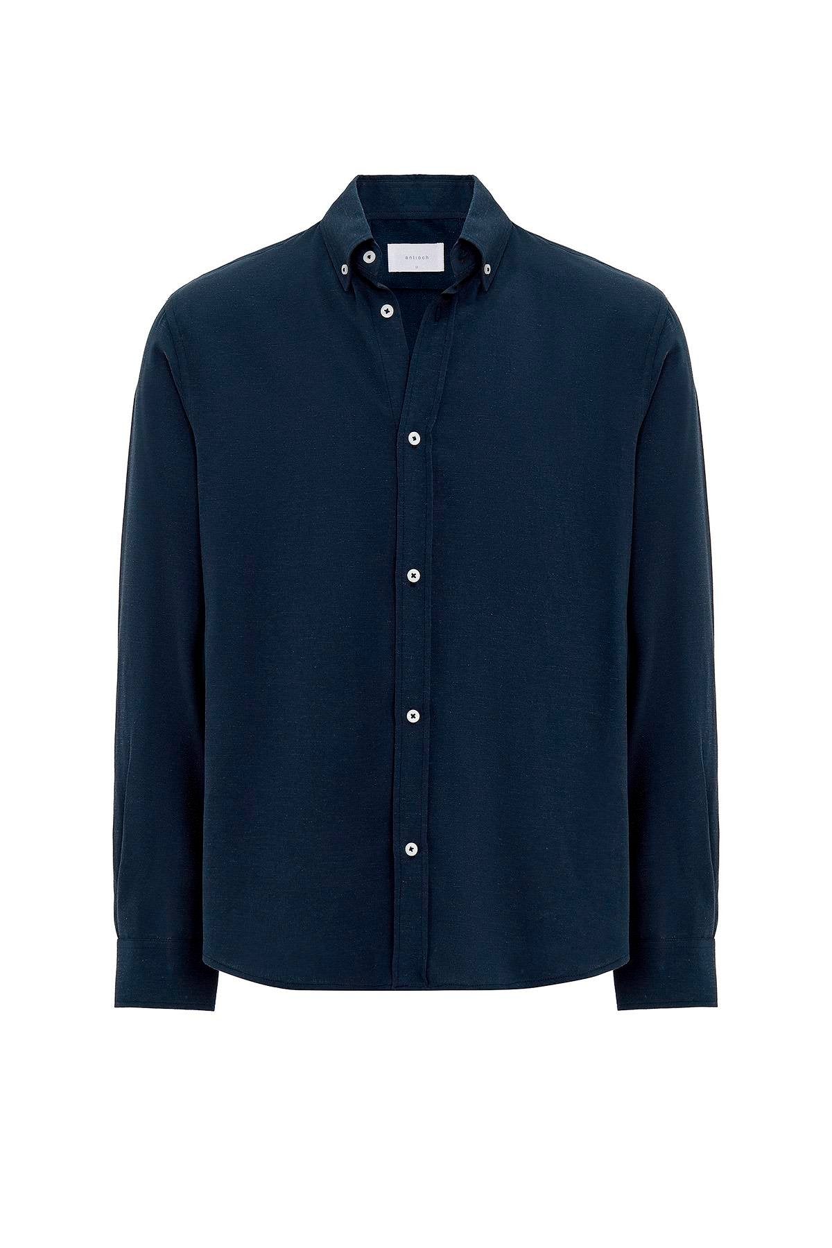 Antioch-Lacivert Keten Karışımlı Yaka Düğmeli Erkek Gömlek-Gömlek-5-Milagron.com