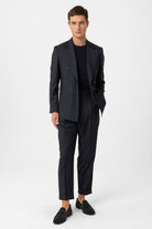 Antioch-Lacivert Kruvaze Kapama İtalyan Kesim Yün Karışımlı Çizgili Erkek Teknik Takım-Takım Elbise-1-Milagron.com