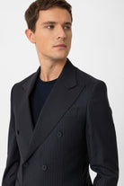 Antioch-Lacivert Kruvaze Kapama İtalyan Kesim Yün Karışımlı Çizgili Erkek Teknik Takım-Takım Elbise-3-Milagron.com