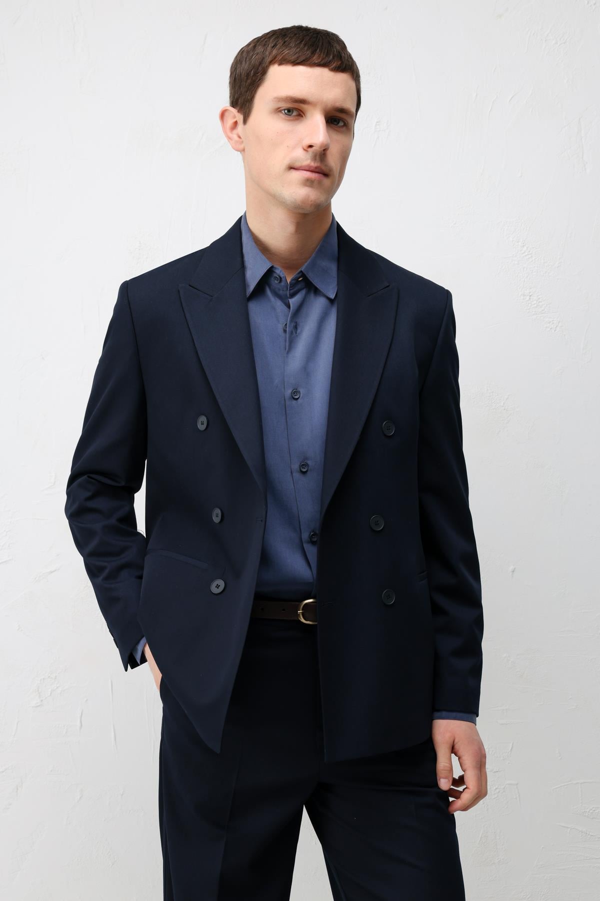 Antioch Lacivert Kruvaze Relaxed Fit Erkek Blazer Ceket