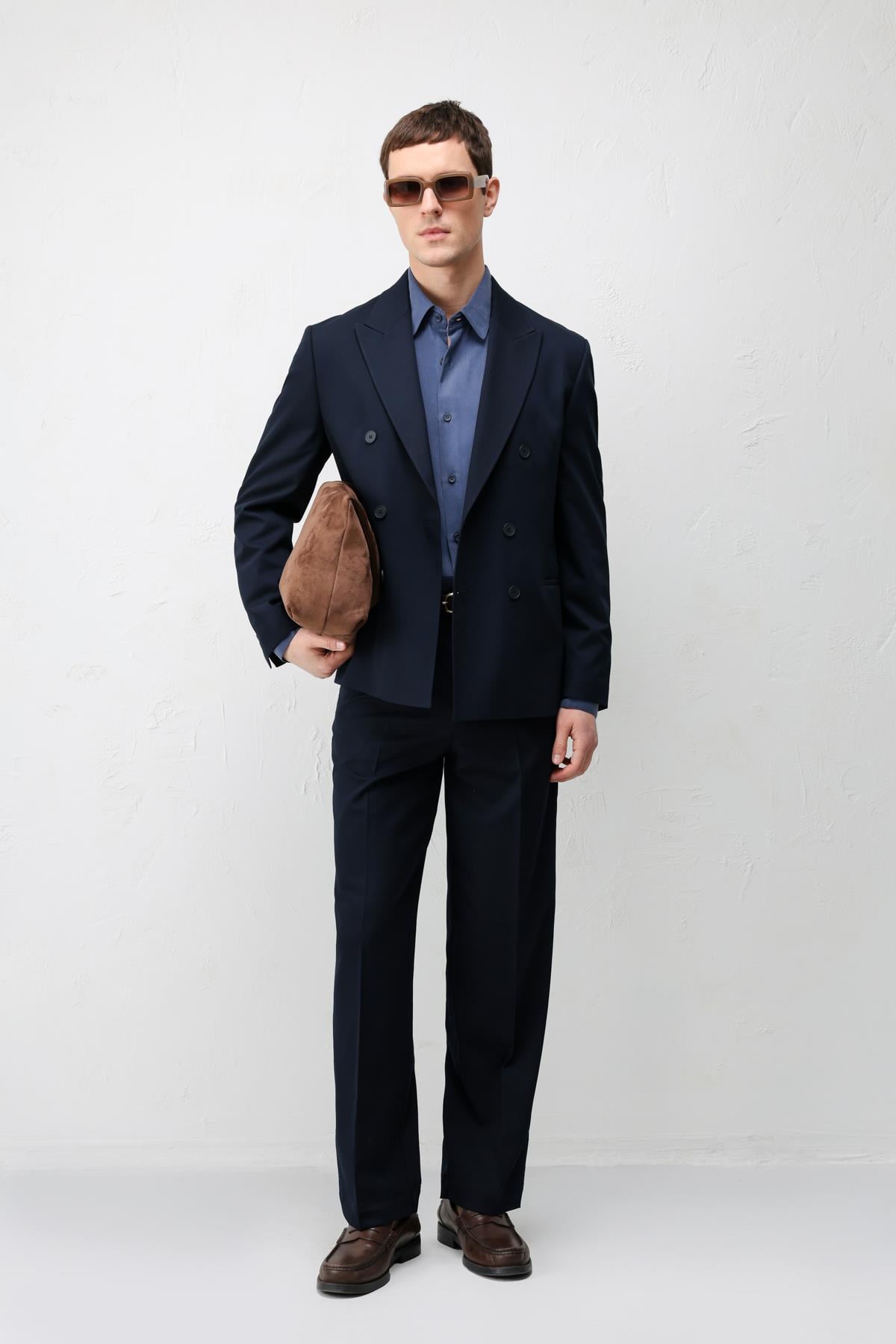 Antioch Lacivert Kruvaze Relaxed Fit Erkek Blazer Ceket