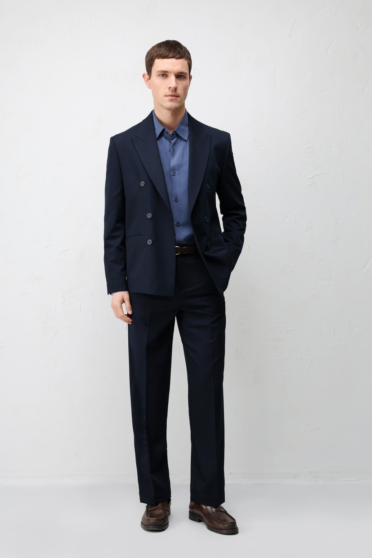 Antioch Lacivert Kruvaze Relaxed Fit Erkek Blazer Ceket