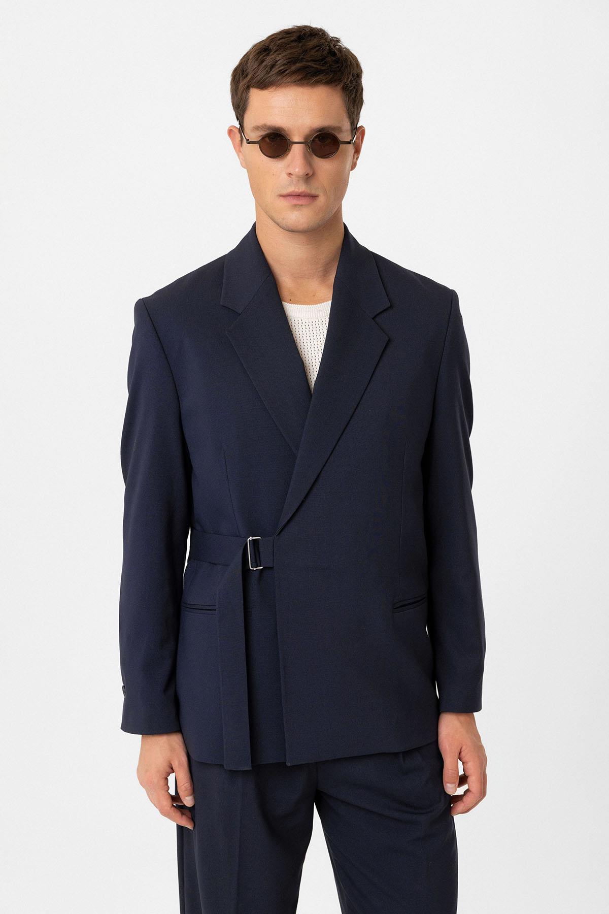 Antioch-Lacivert Kuşaklı Relax Fit Erkek Blazer Ceket-Blazer Ceket-1-Milagron.com