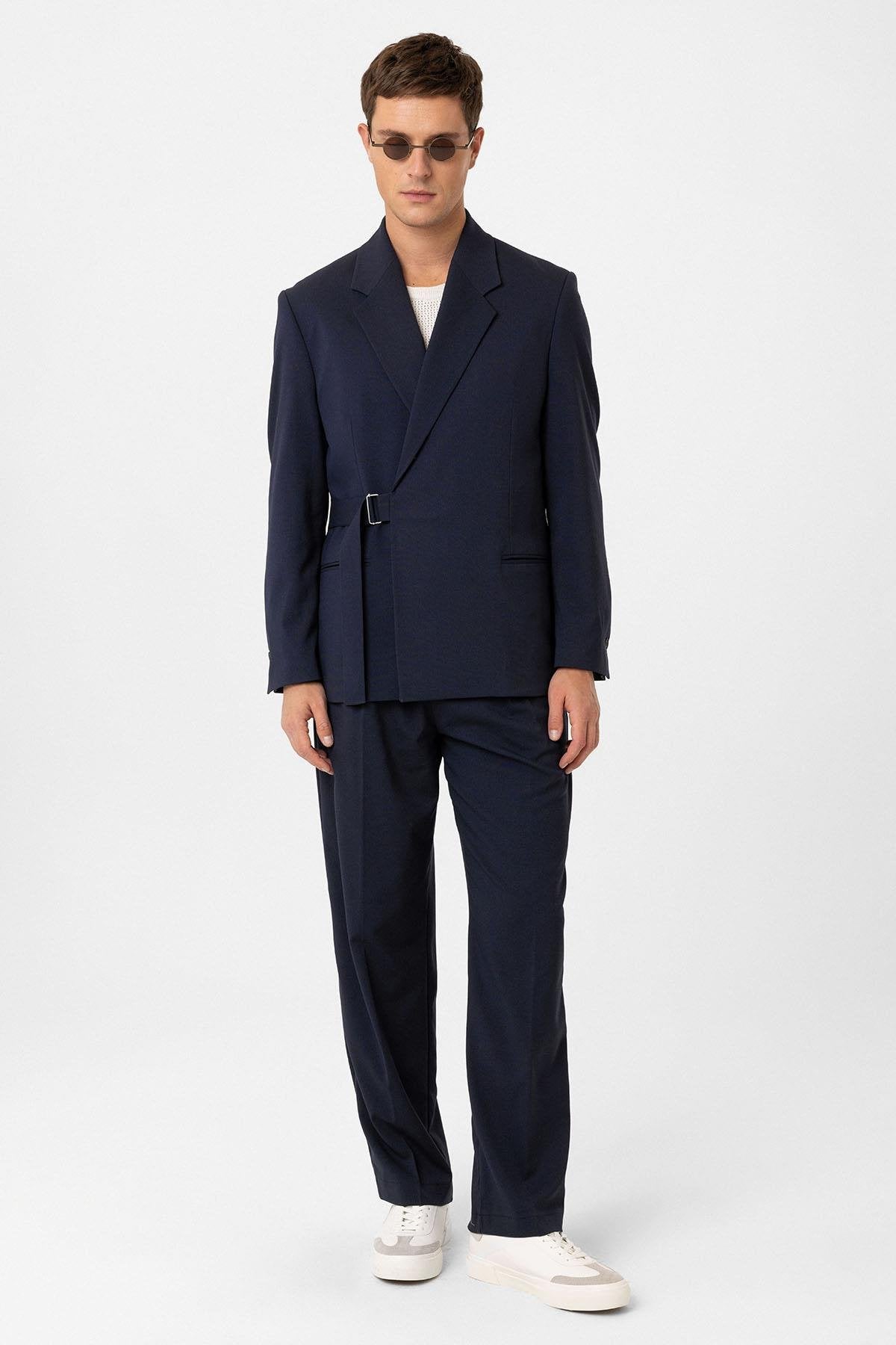 Antioch-Lacivert Kuşaklı Relax Fit Erkek Blazer Ceket-Blazer Ceket-2-Milagron.com