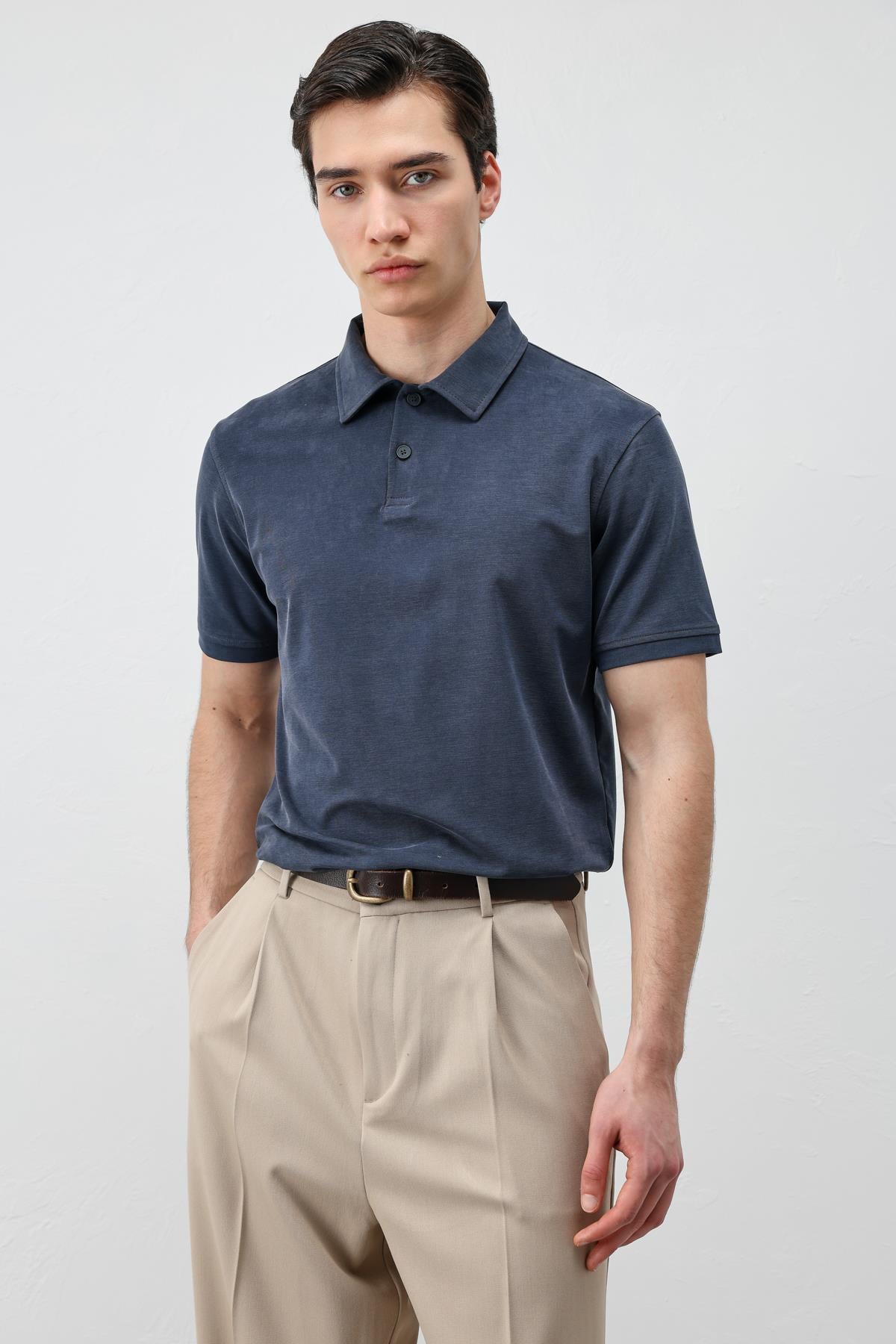 Antioch Lacivert Lyocell Karışımlı Polo Yaka Erkek T-Shirt