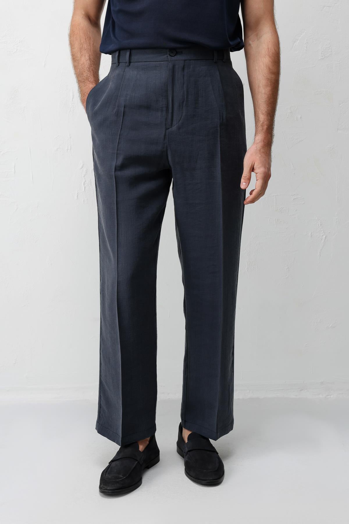 Antioch Lacivert Lyocell Relaxed Fit Pileli Erkek Pantolon