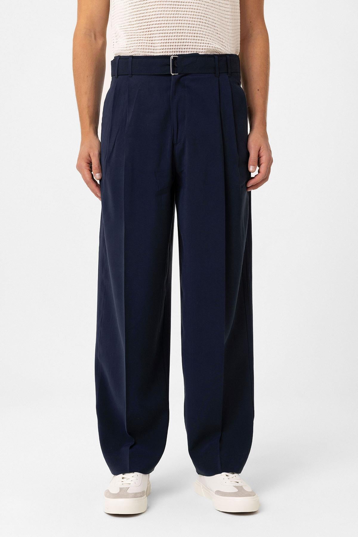 Antioch-Lacivert Modal Kumaş Relax Fit Kemerli Erkek Pantolon-Kumaş Pantolon-3-Milagron.com