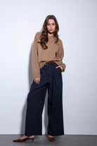 Antioch-Antioch Lacivert Pileli Geniş Kadın Pantolon-Kumaş Pantolon-4-Milagron.com