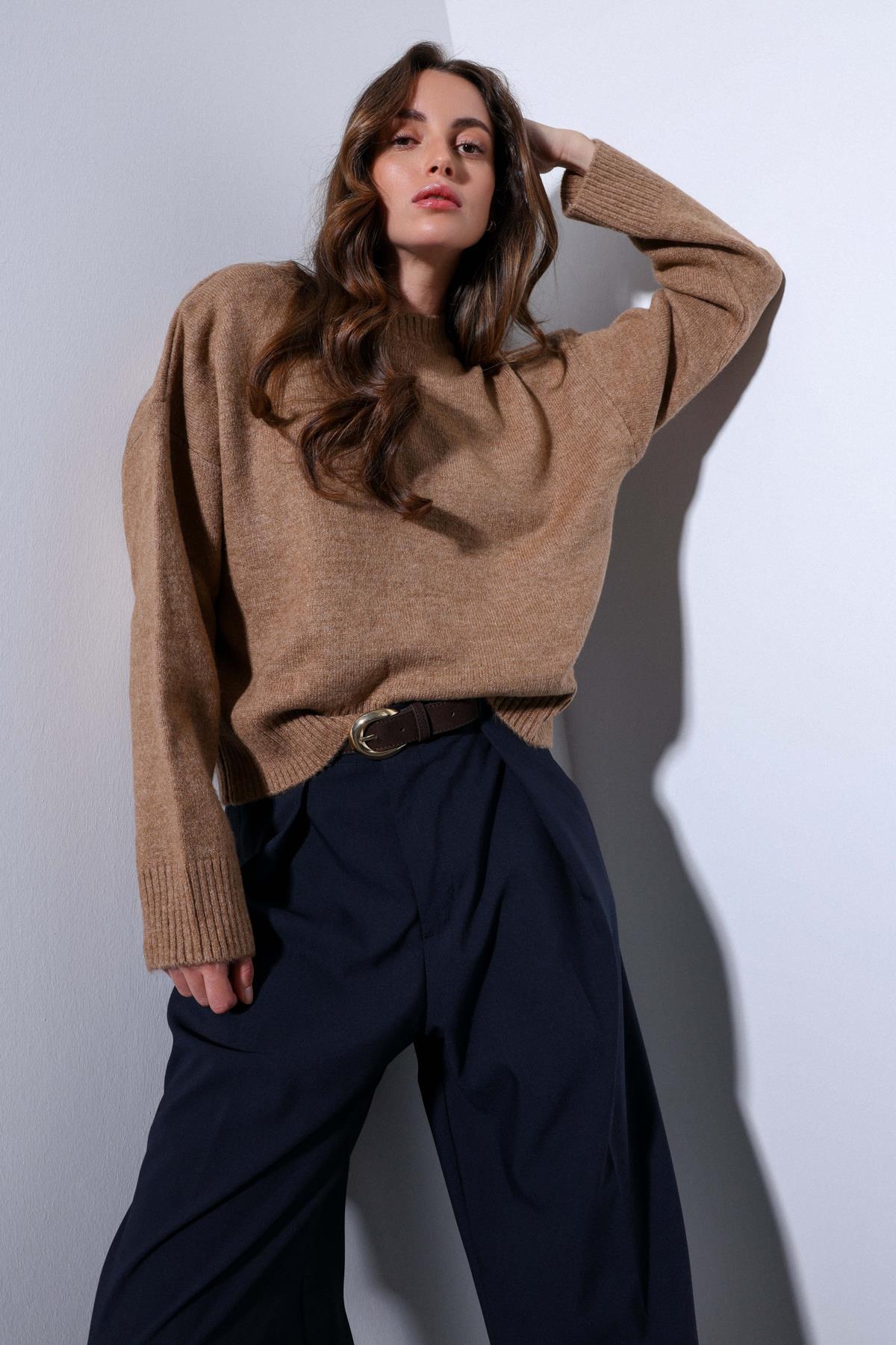 Antioch-Antioch Lacivert Pileli Geniş Kadın Pantolon-Kumaş Pantolon-6-Milagron.com