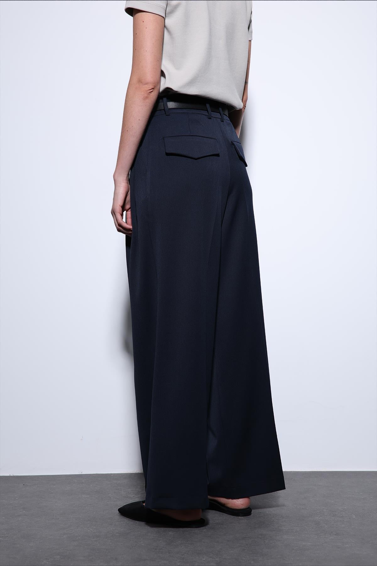 Antioch-Lacivert Pileli Palazzo Kadın Pantolon-Kumaş Pantolon-3-Milagron.com