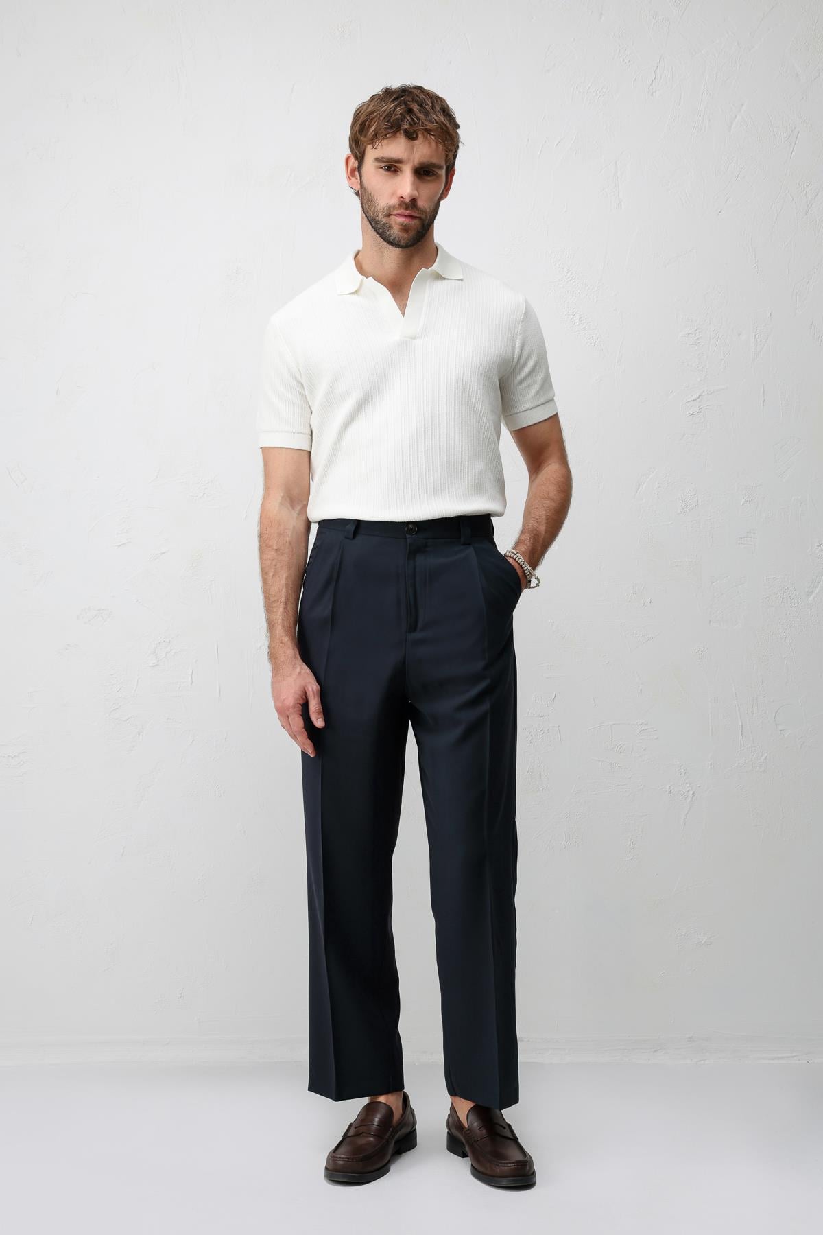 Antioch Lacivert Pileli Relaxed Fit Erkek Pantolon
