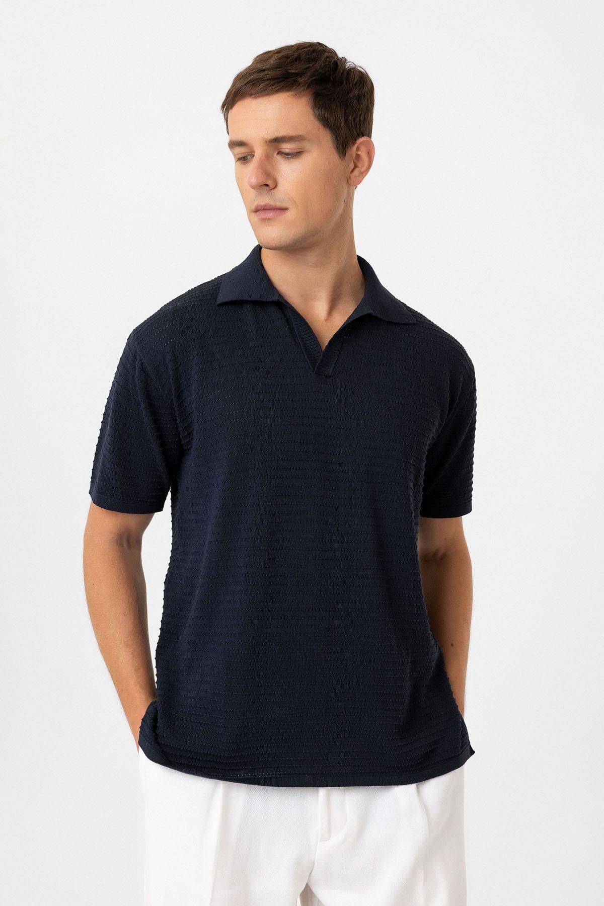 Antioch Lacivert Polo Yaka Dokulu Erkek Triko T-Shirt