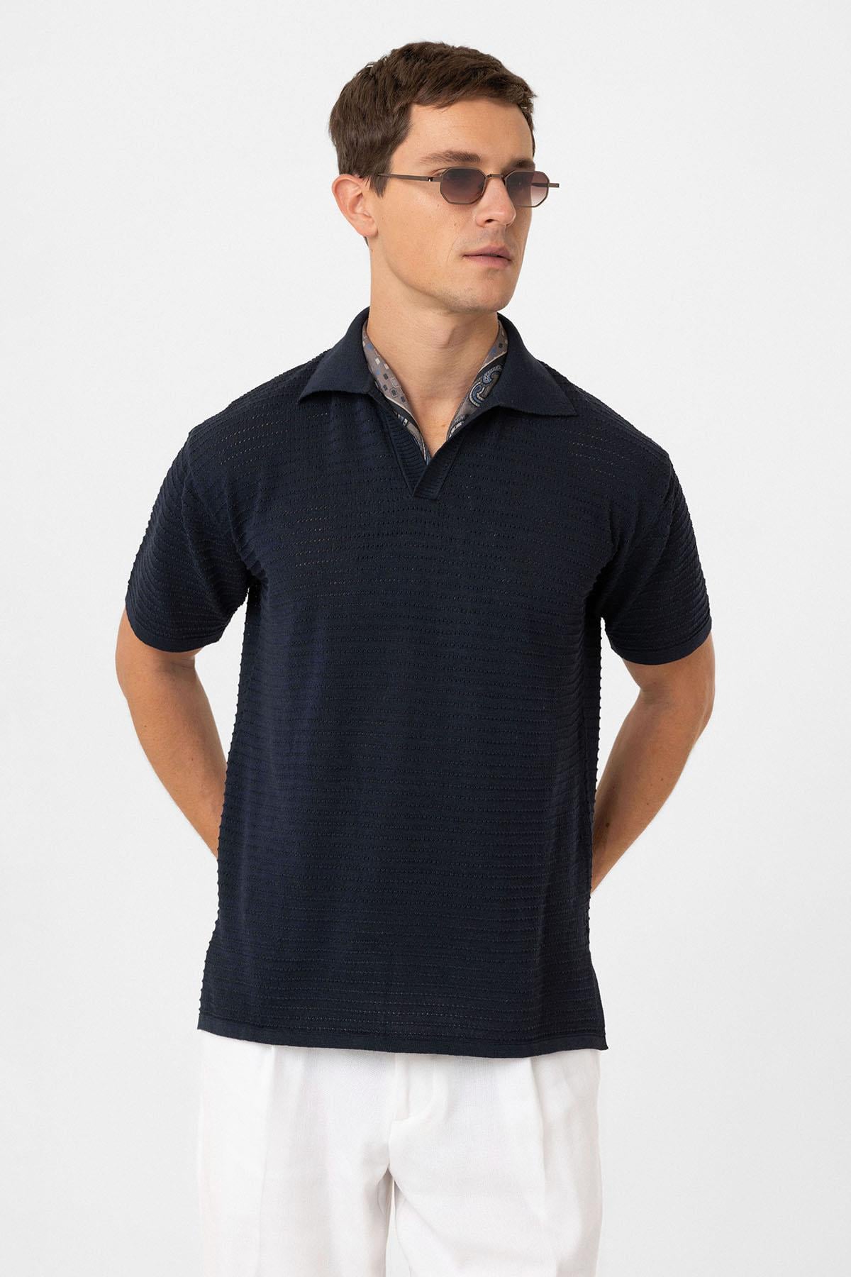 Antioch Lacivert Polo Yaka Dokulu Erkek Triko T-Shirt