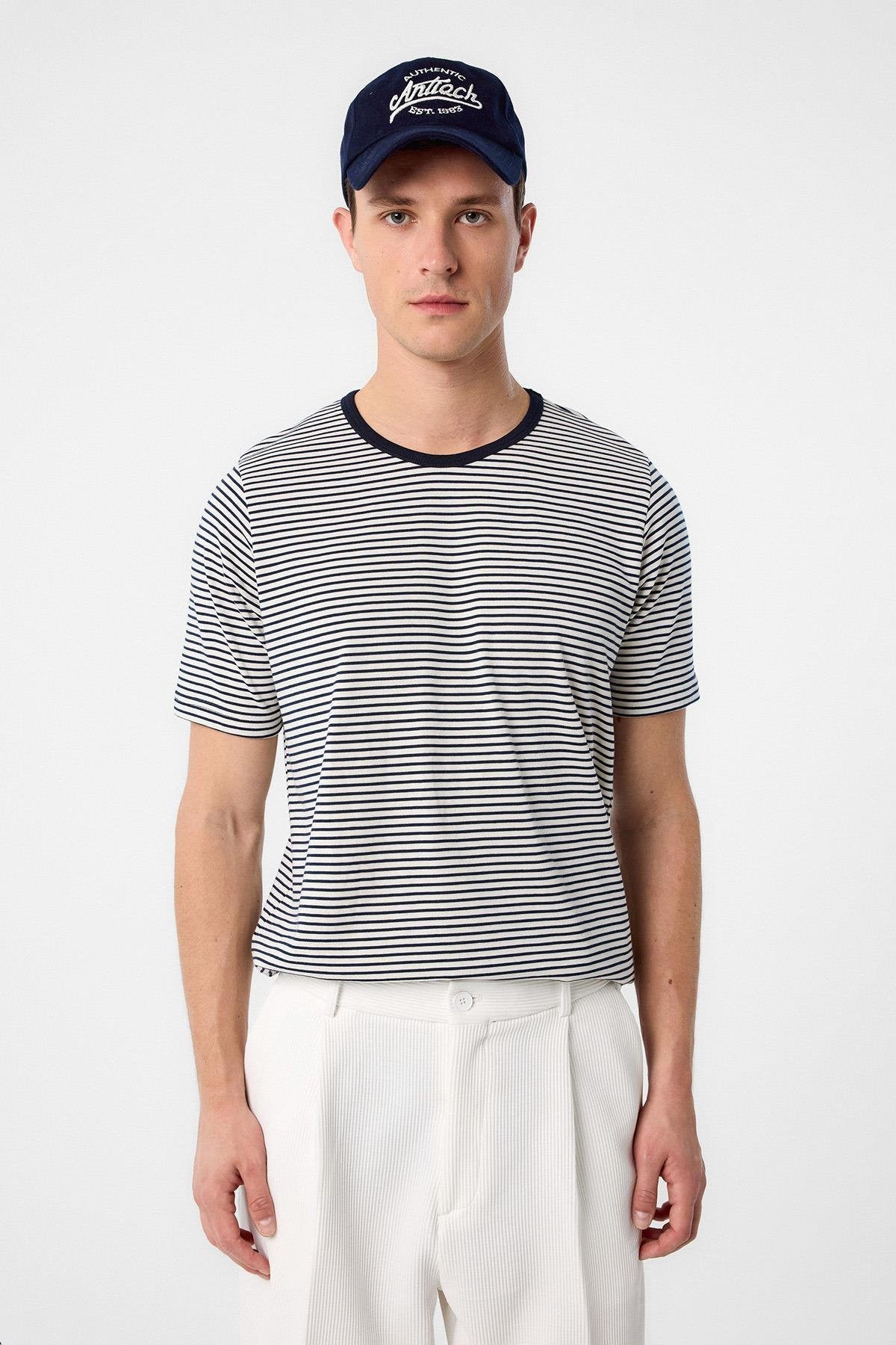 Antioch-Antioch Lacivert Regular Fit çizgili Erkek T Shirt-T-Shirt-4-Milagron.com