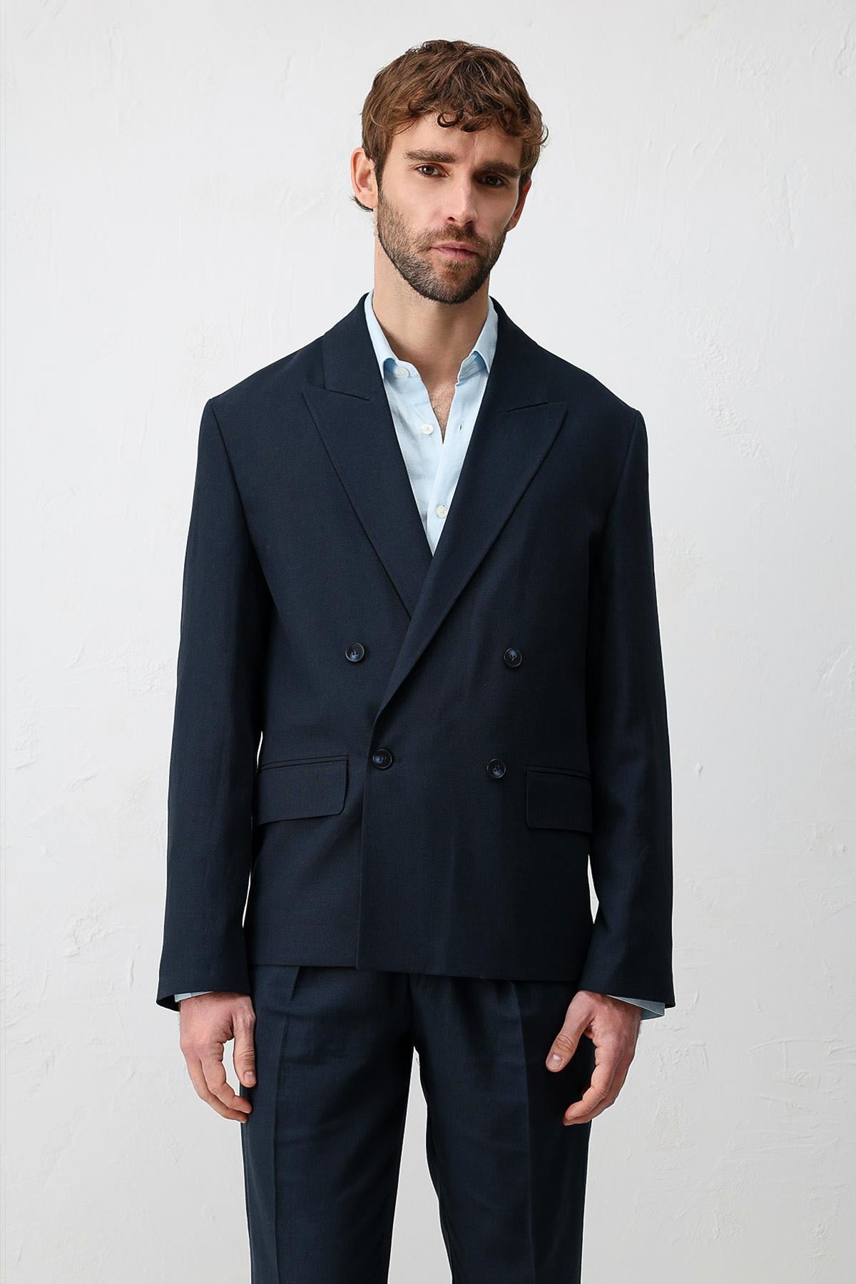 Antioch Lacivert Relax Fit Keten Karışımlı Erkek Blazer Ceket