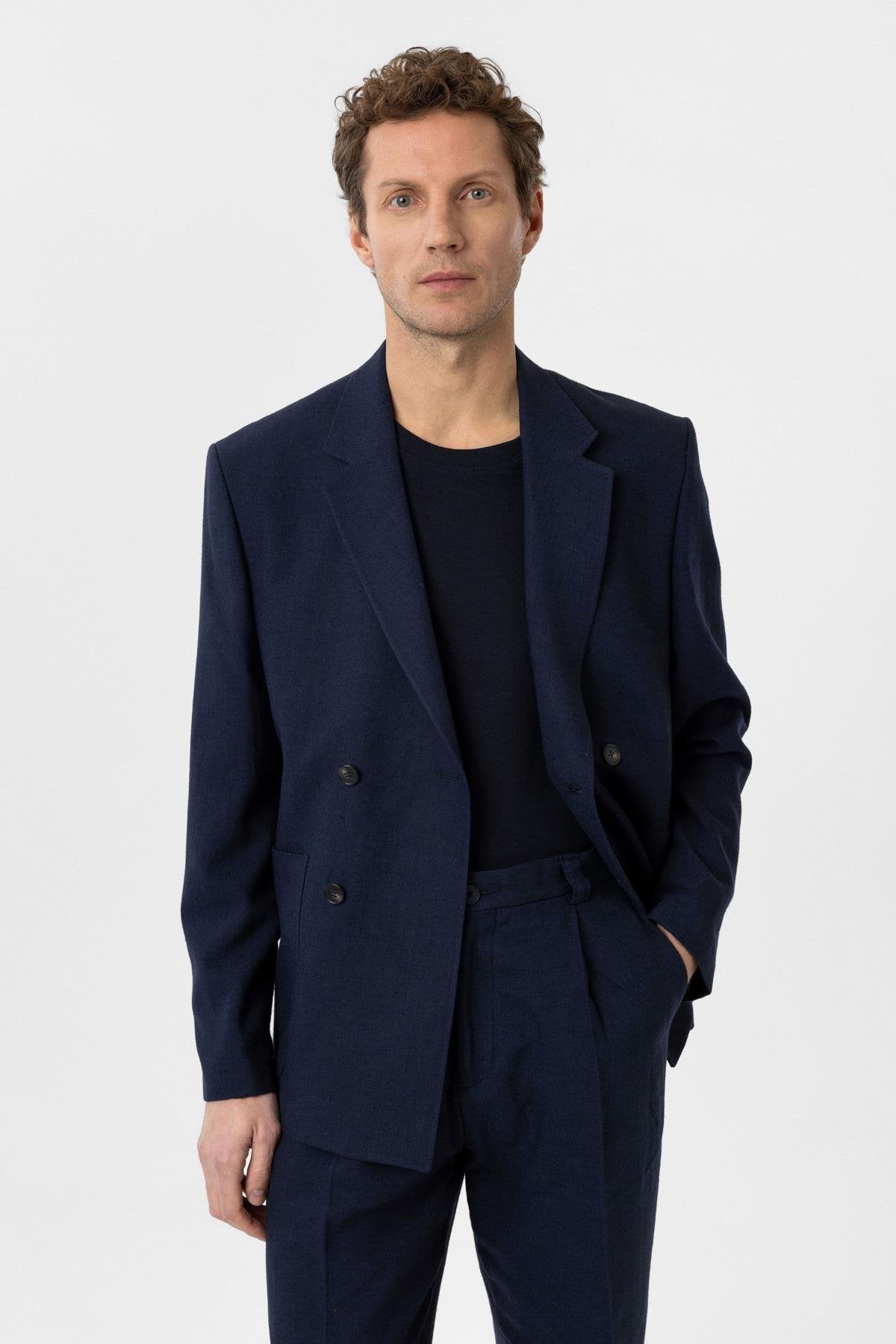 Antioch-Lacivert Relax Fit Keten Karışımlı Erkek Blazer Ceket-Blazer Ceket-2-Milagron.com