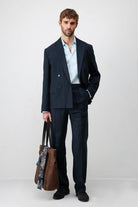 Antioch Lacivert Relax Fit Keten Karışımlı Erkek Blazer Ceket