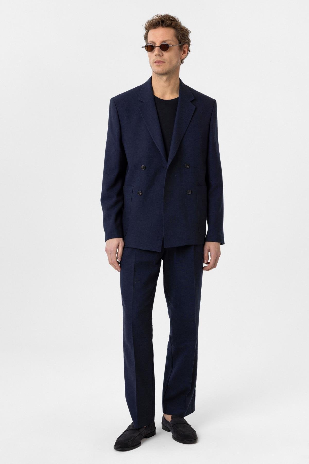 Antioch-Lacivert Relax Fit Keten Karışımlı Erkek Blazer Ceket-Blazer Ceket-3-Milagron.com