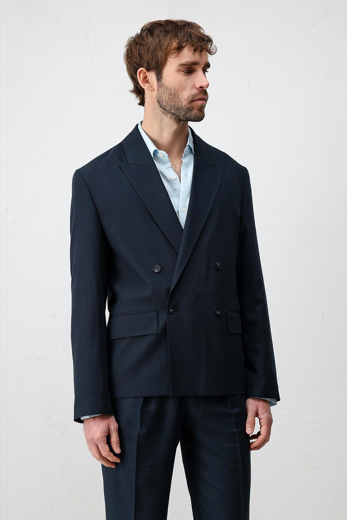 Antioch Lacivert Relax Fit Keten Karışımlı Erkek Blazer Ceket