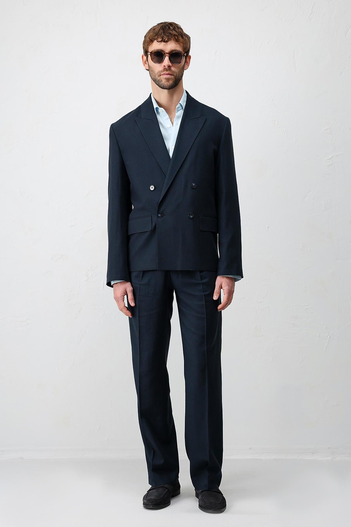 Antioch Lacivert Relax Fit Keten Karışımlı Erkek Blazer Ceket