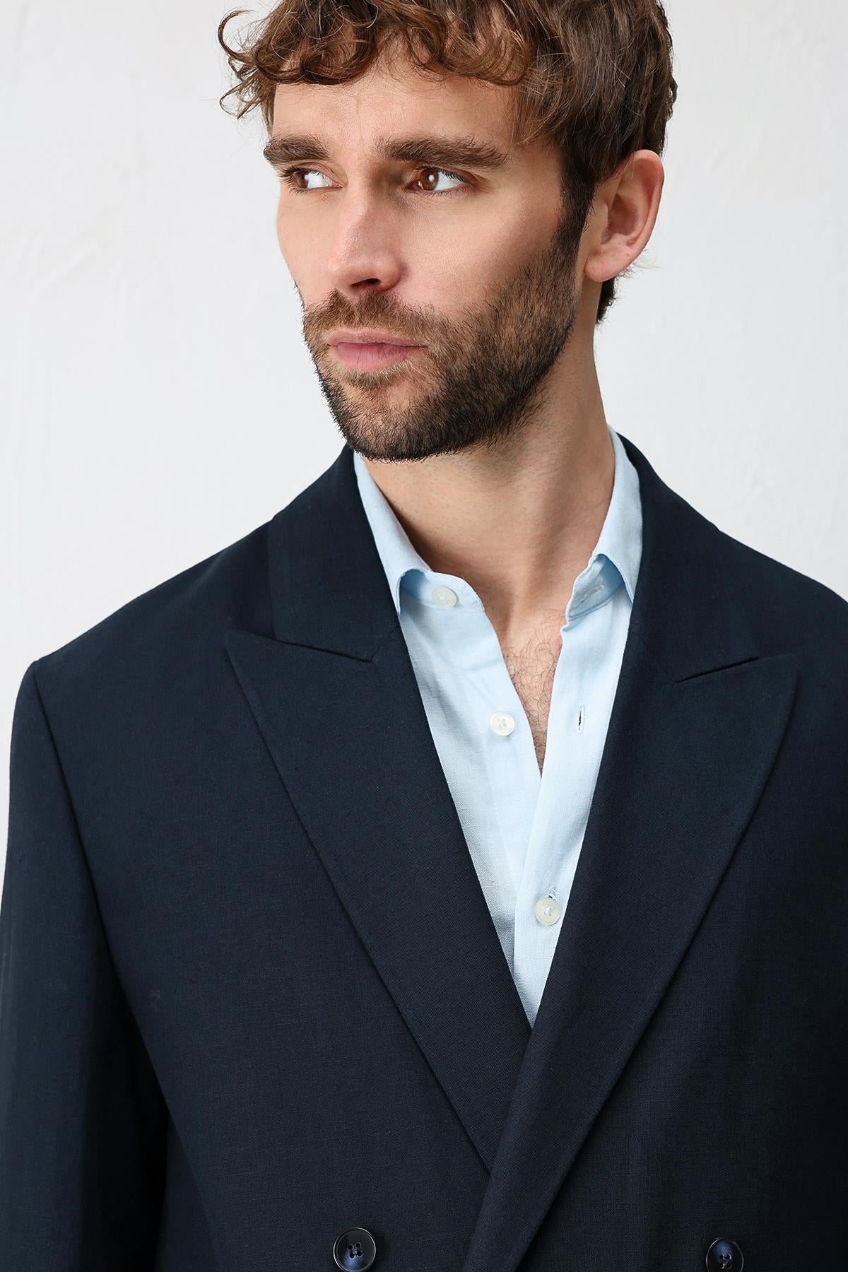 Antioch Lacivert Relax Fit Keten Karışımlı Erkek Blazer Ceket