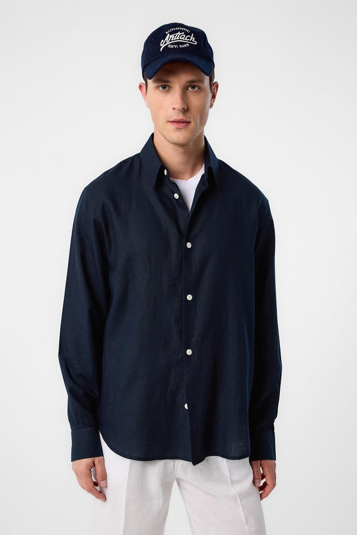 Antioch-Lacivert Relax Fit Keten Karışımlı Erkek Gömlek-Gömlek-1-Milagron.com