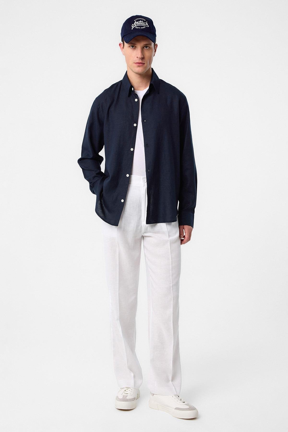 Antioch-Lacivert Relax Fit Keten Karışımlı Erkek Gömlek-Gömlek-2-Milagron.com