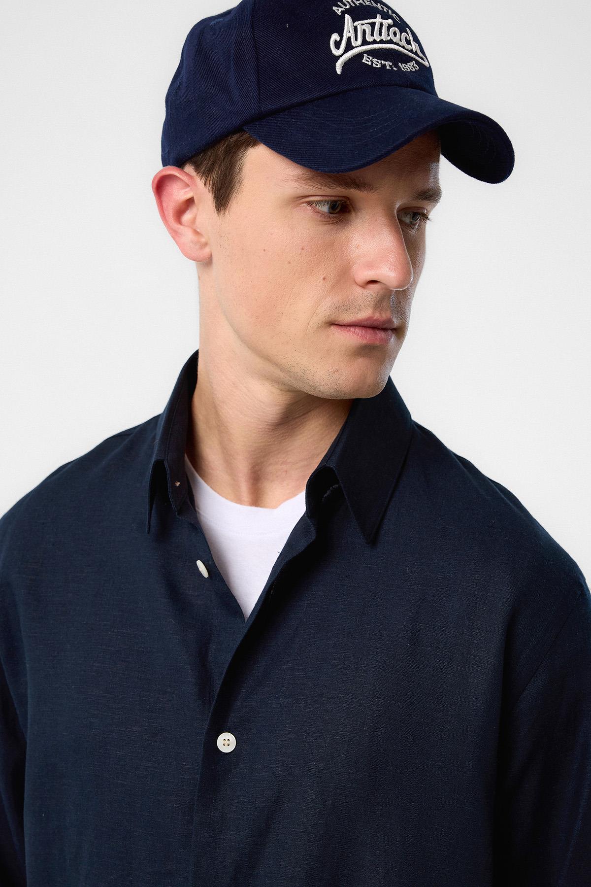 Antioch-Lacivert Relax Fit Keten Karışımlı Erkek Gömlek-Gömlek-3-Milagron.com