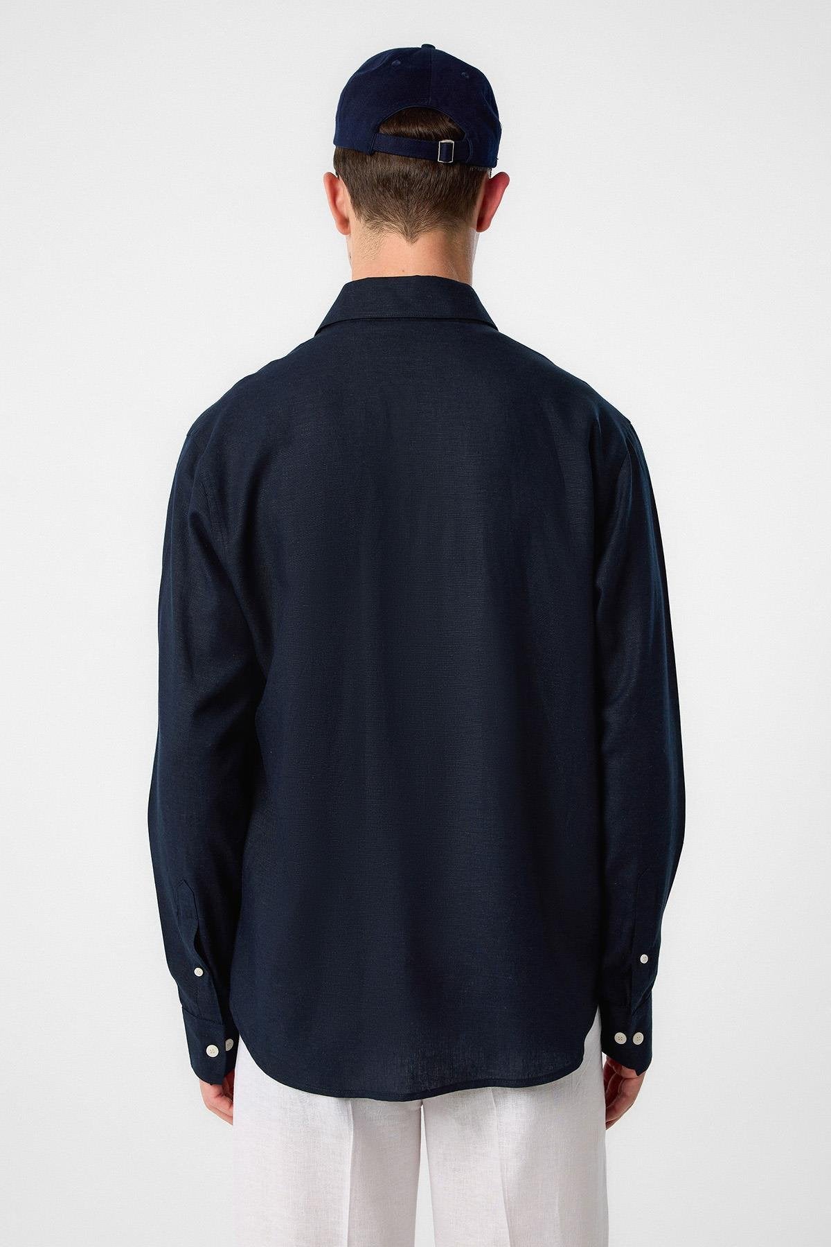 Antioch-Lacivert Relax Fit Keten Karışımlı Erkek Gömlek-Gömlek-4-Milagron.com