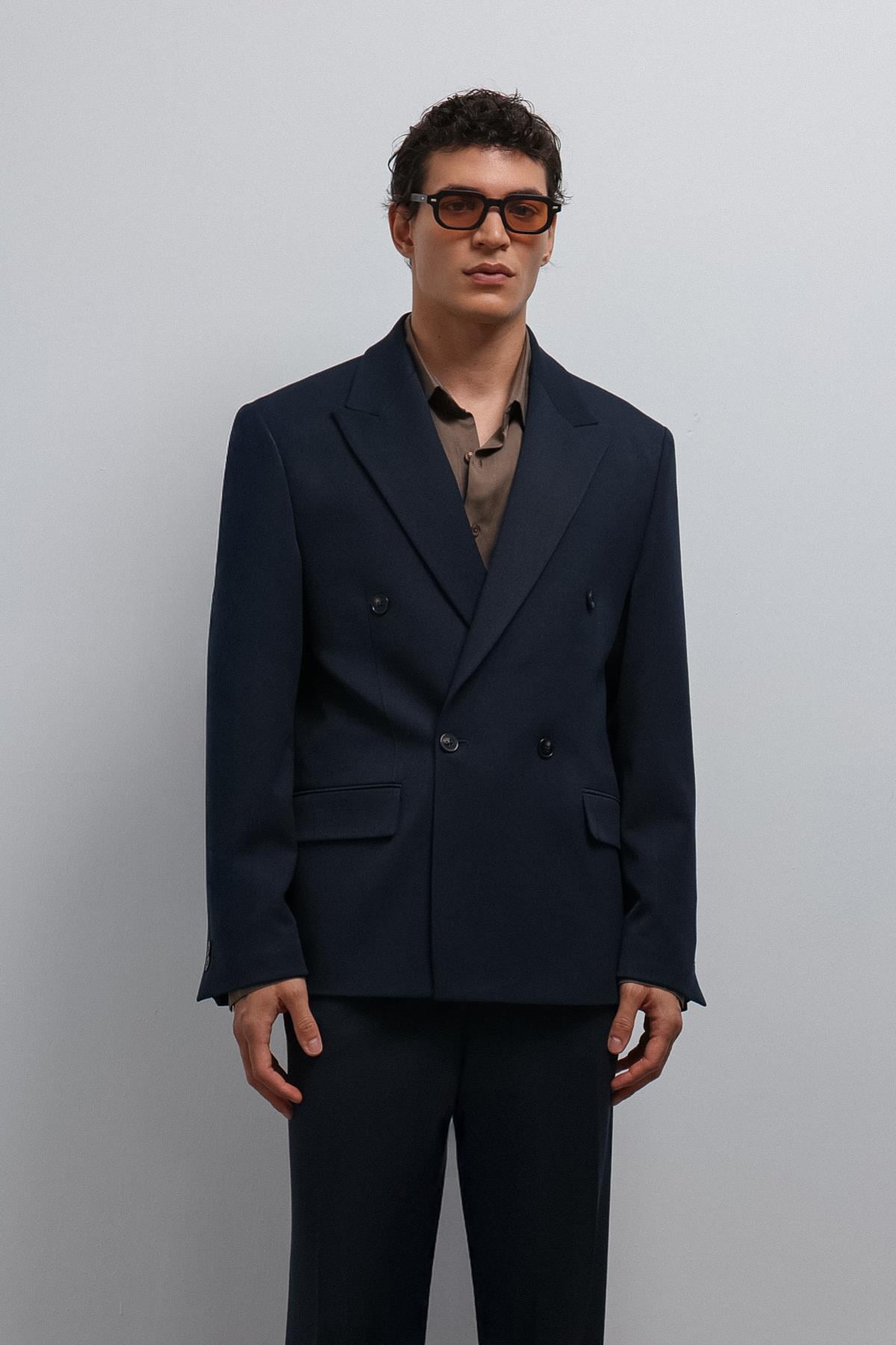 Antioch Lacivert Relax Fit Kruvaze Erkek Blazer Ceket
