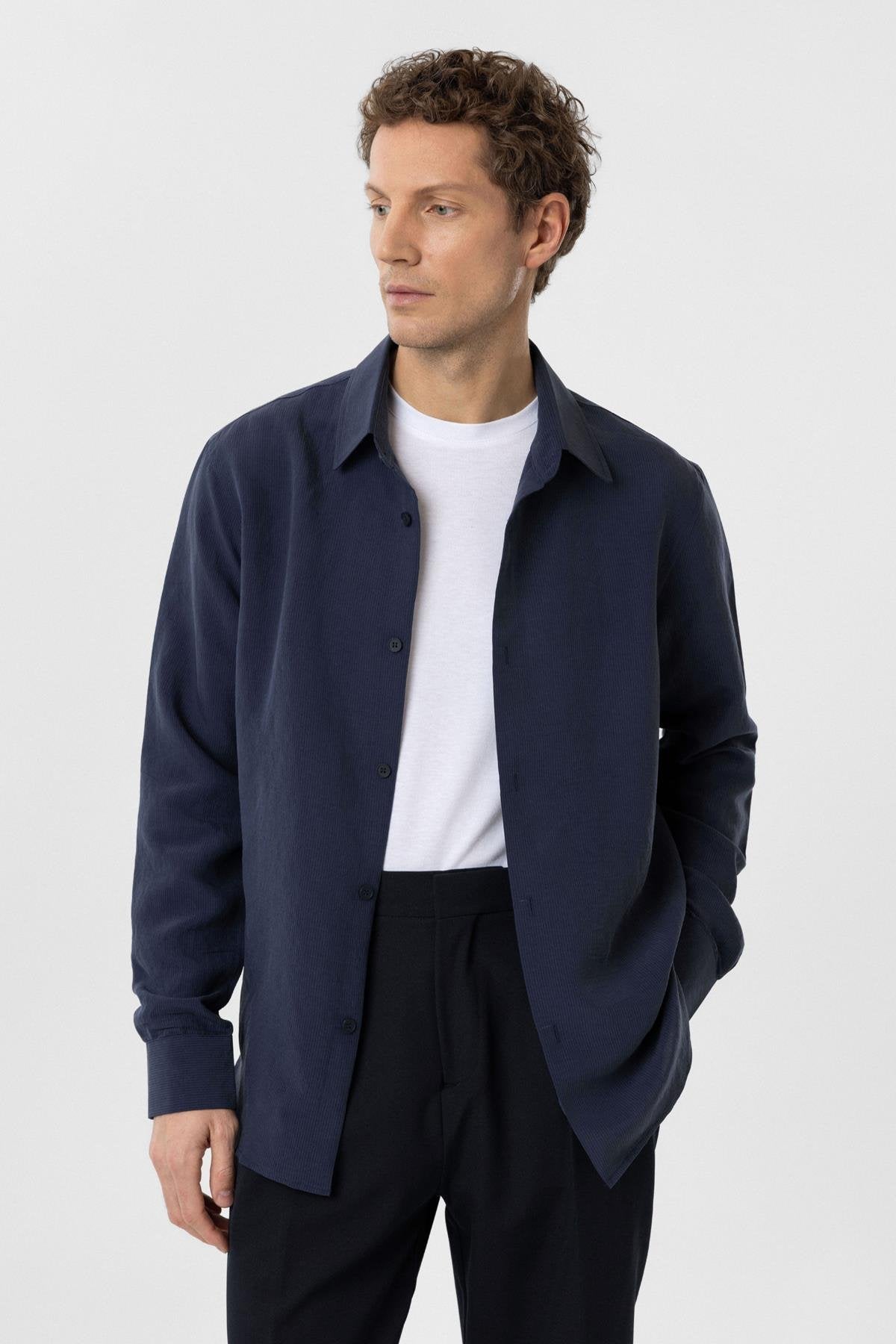 Antioch-Lacivert Relax Fit Modal Kumaş Erkek Gömlek-Gömlek-3-Milagron.com