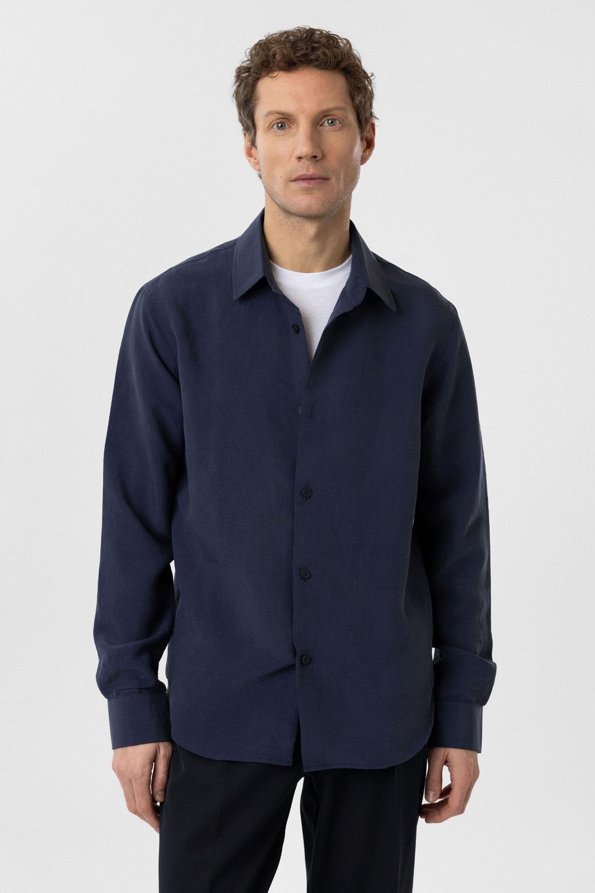 Antioch-Lacivert Relax Fit Modal Kumaş Erkek Gömlek-Gömlek-4-Milagron.com