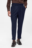 Antioch-Lacivert Yüksek Bel Boyfriend Toka Kemerli Pileli Kumaş Pantolon-Pantolon-4-Milagron.com