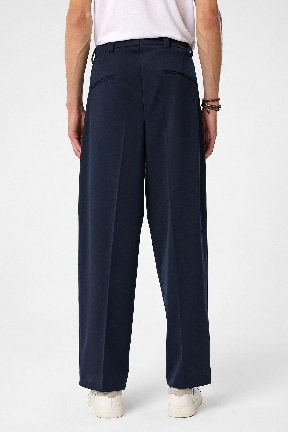 Antioch-Lacivert Yüksel Bel Relax Fit Pileli Erkek Pantolon-Kumaş Pantolon-4-Milagron.com