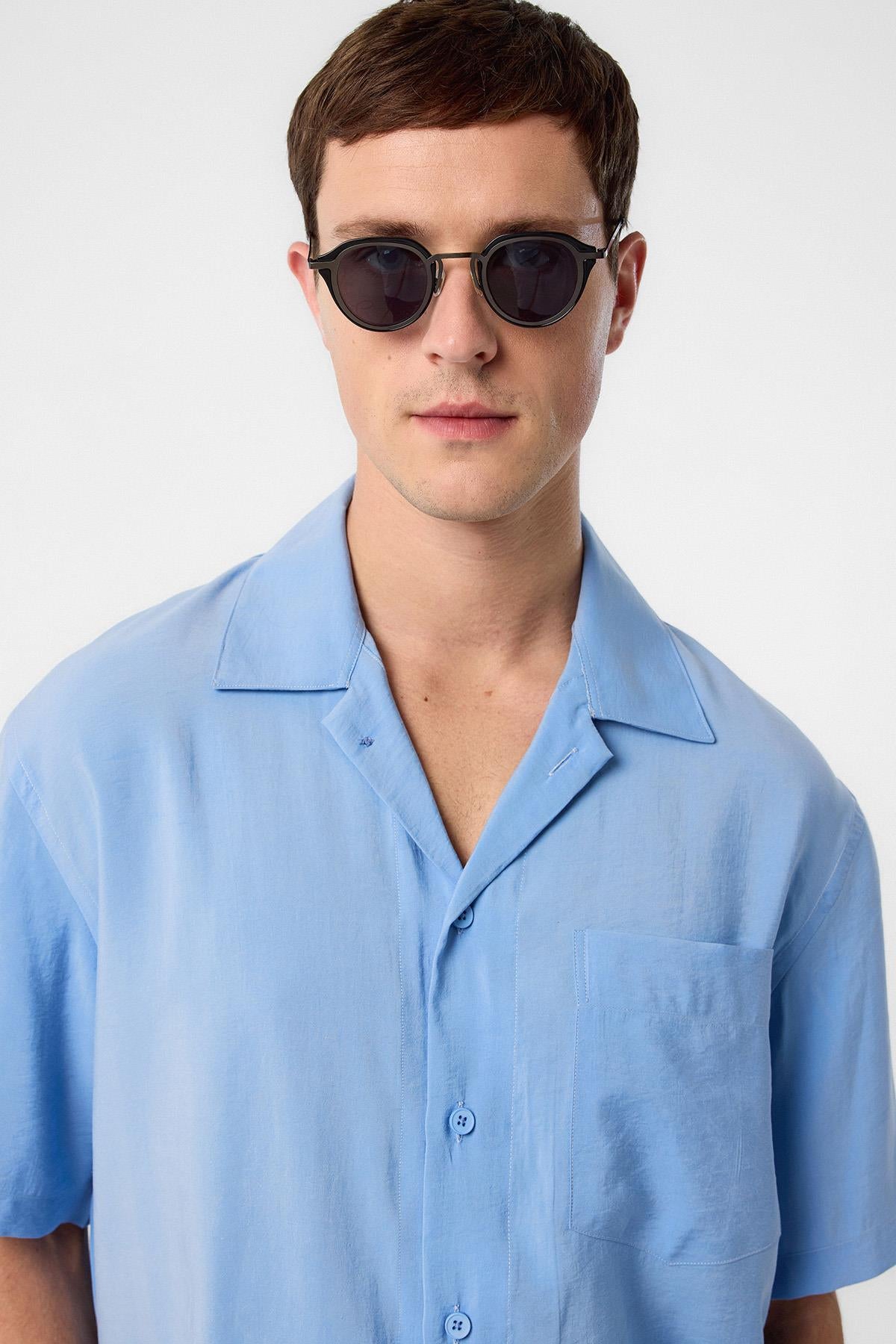 Antioch-Mavi Apaş Yaka Modal Kumaş Erkek Gömlek-Gömlek-4-Milagron.com