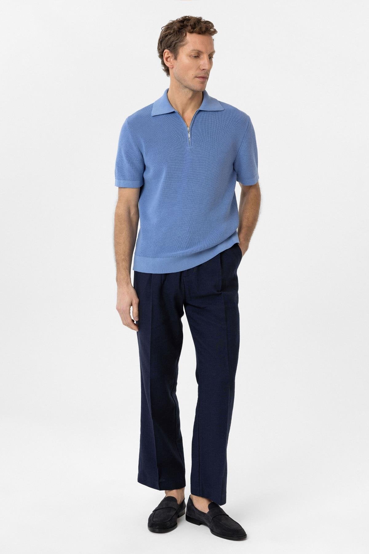 Antioch-Mavi Fermuarlı Dokuma Erkek Polo Yaka Triko T Shirt-T-Shirts-2-Milagron.com