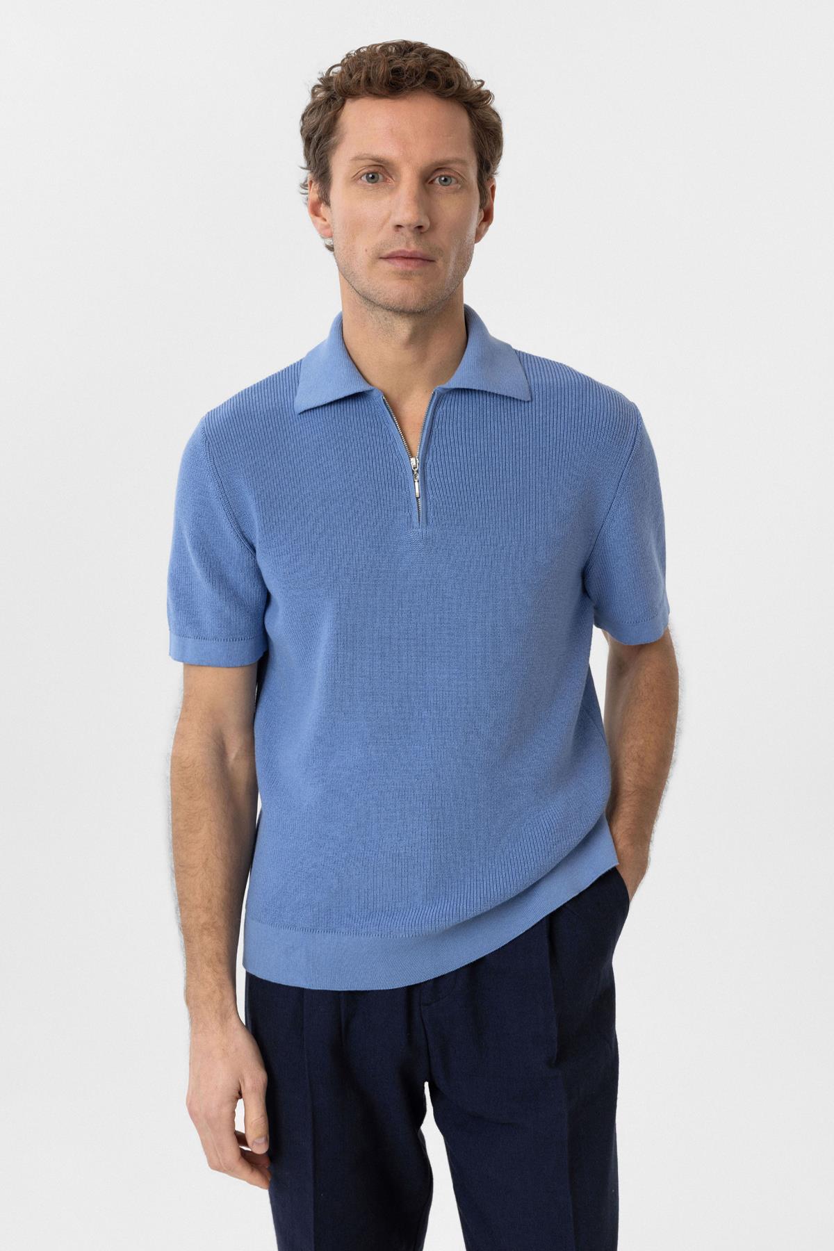 Antioch-Mavi Fermuarlı Dokuma Erkek Polo Yaka Triko T Shirt-T-Shirts-3-Milagron.com