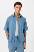 Antioch-Mavi Keten Karışımlı Relaxed Erkek Gömlek-Gömlek-1-Milagron.com