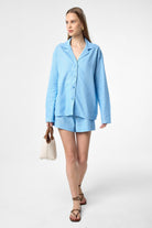 Antioch-Mavi Keten Karışımlı Şort Gömlek Kadın Takım-Alt - Üst Takım-1-Milagron.com