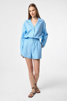 Antioch-Mavi Keten Karışımlı Şort Gömlek Kadın Takım-Alt - Üst Takım-2-Milagron.com