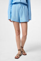 Antioch-Mavi Keten Karışımlı Şort Gömlek Kadın Takım-Alt - Üst Takım-4-Milagron.com