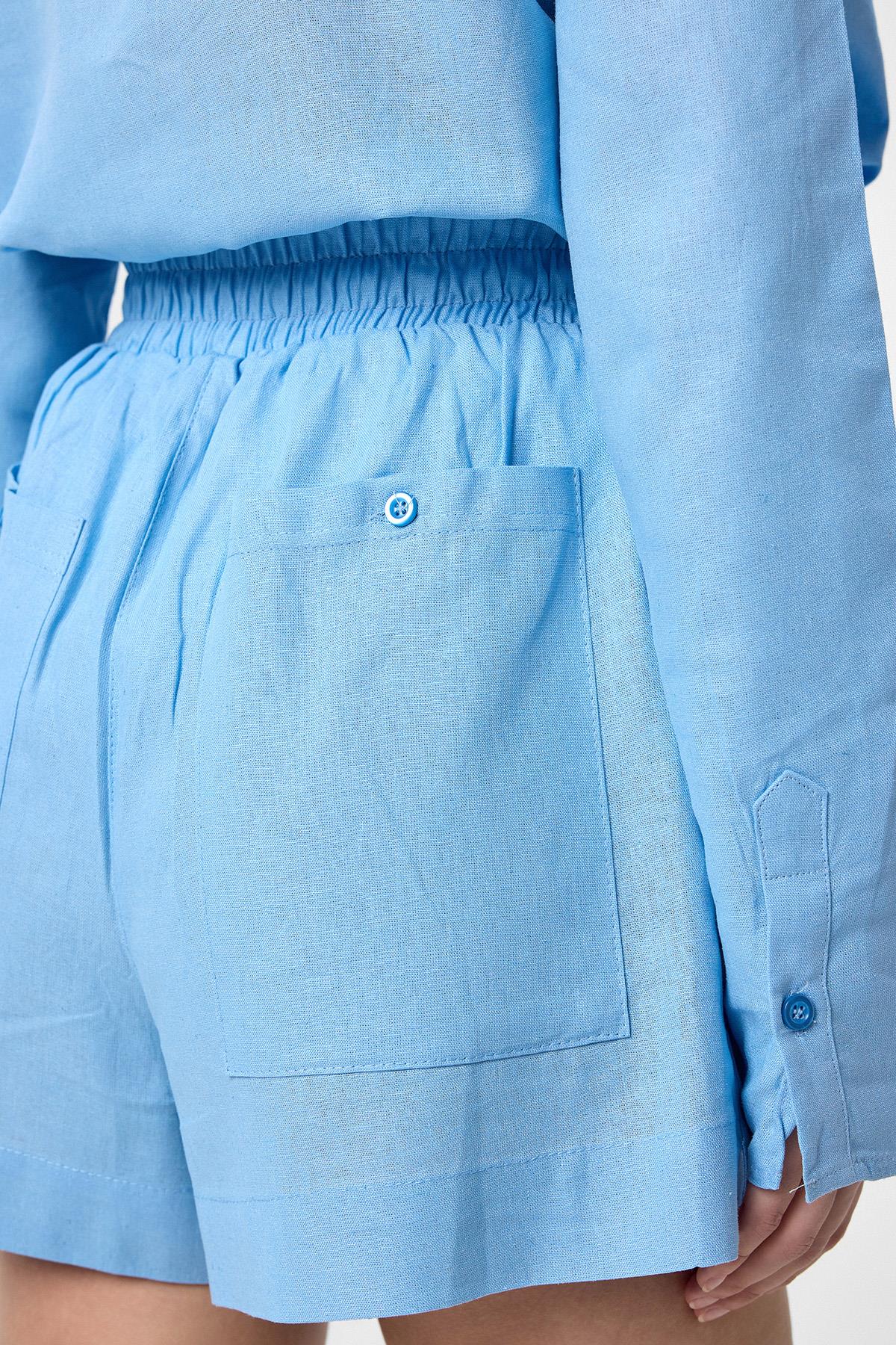 Antioch-Mavi Keten Karışımlı Şort Gömlek Kadın Takım-Alt - Üst Takım-9-Milagron.com