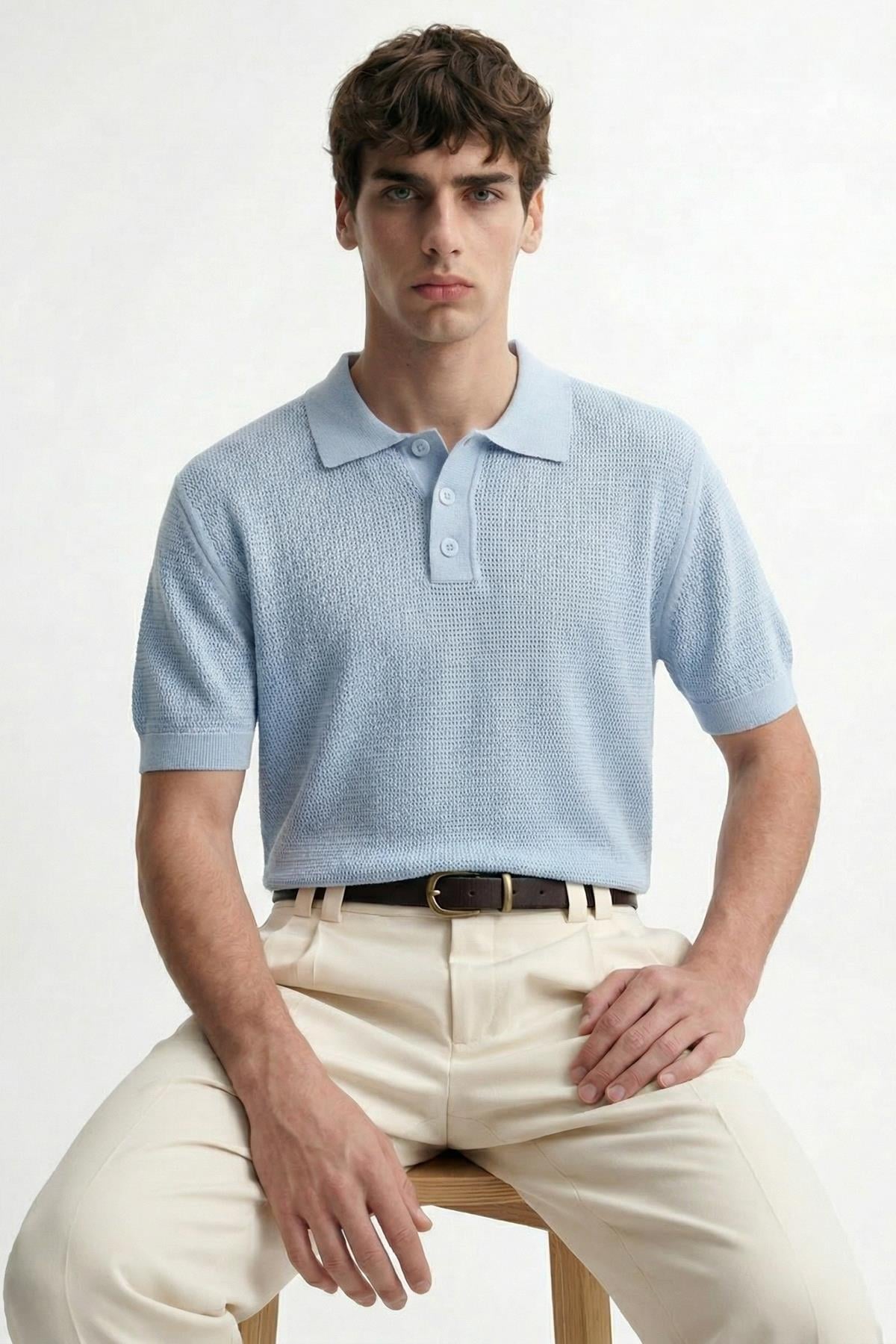 Antioch Mavi Örgü Dokulu Polo Yaka Erkek T-Shirt