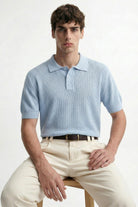 Antioch Mavi Örgü Dokulu Polo Yaka Erkek T-Shirt